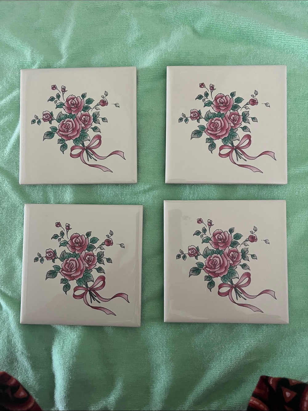 Vintage Pink Rose Bouquet Ceramic Trivets or Wall Tiles - Set of 4
